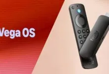 Amazon Fire TV Stick and remote with Vega OS displayed on a screen.