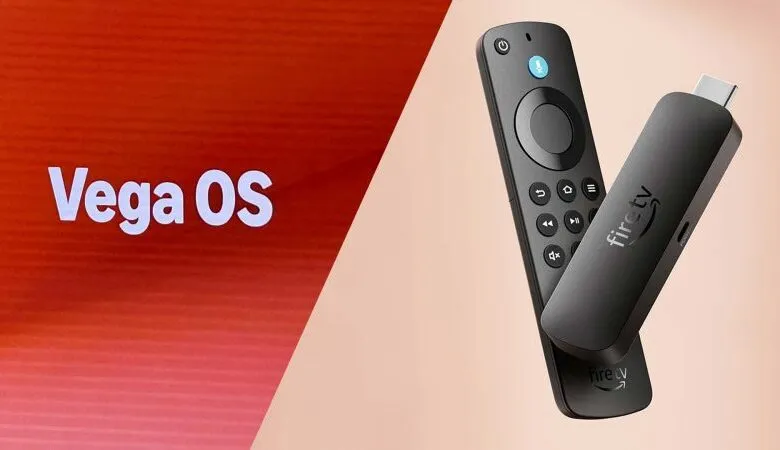 Amazon Fire TV Stick and remote with Vega OS displayed on a screen.