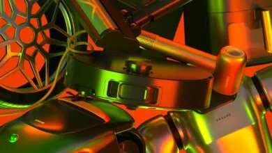 Close-up of Dreame home cleaning products: robot vacuum, stick vacuum, car vacuum, and air purifier.