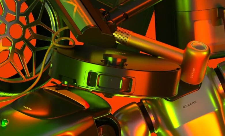 Close-up of Dreame home cleaning products: robot vacuum, stick vacuum, car vacuum, and air purifier.