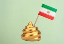 Golden poop emoji with Iranian flag inserted, against a light green background.