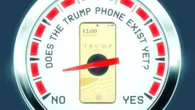 Gauge showing 'Does the Trump Phone Exist Yet?' pointing towards 'No'.