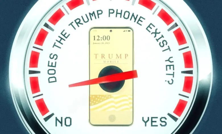 Gauge showing 'Does the Trump Phone Exist Yet?' pointing towards 'No'.