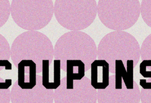 The word 'COUPONS' in black block letters over a pink circle pattern.