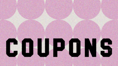 The word 'COUPONS' in black block letters over a pink circle pattern.