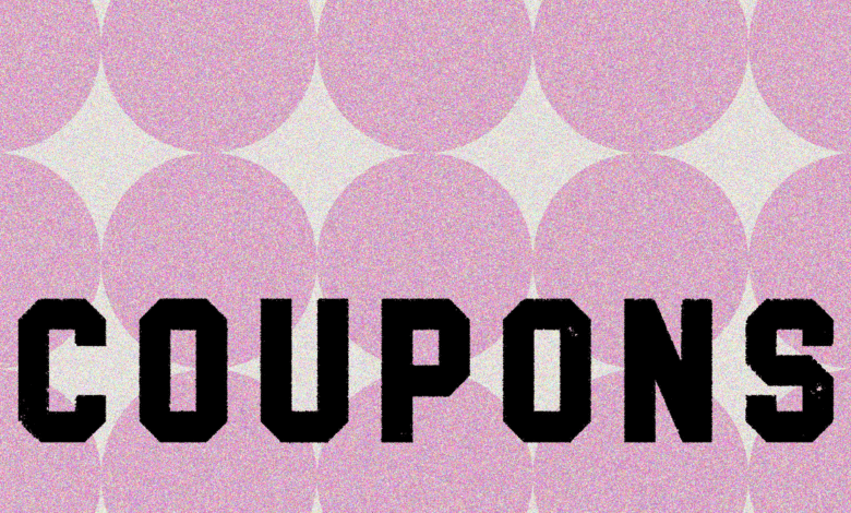 The word 'COUPONS' in black block letters over a pink circle pattern.