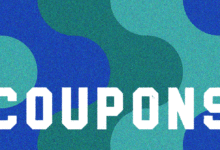 Text 'COUPONS' in white on blue and green patterned background.