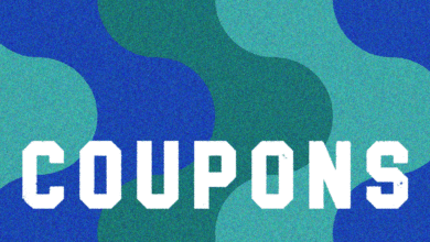 Text 'COUPONS' in white on blue and green patterned background.