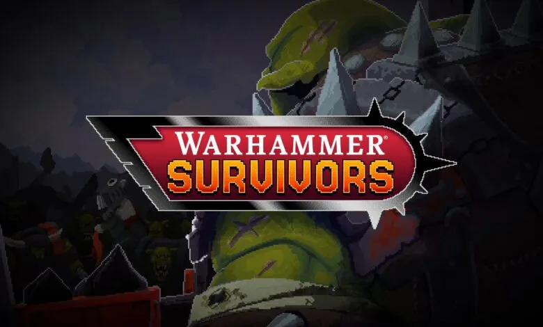 Warhammer Survivors game logo with pixelated orc background.