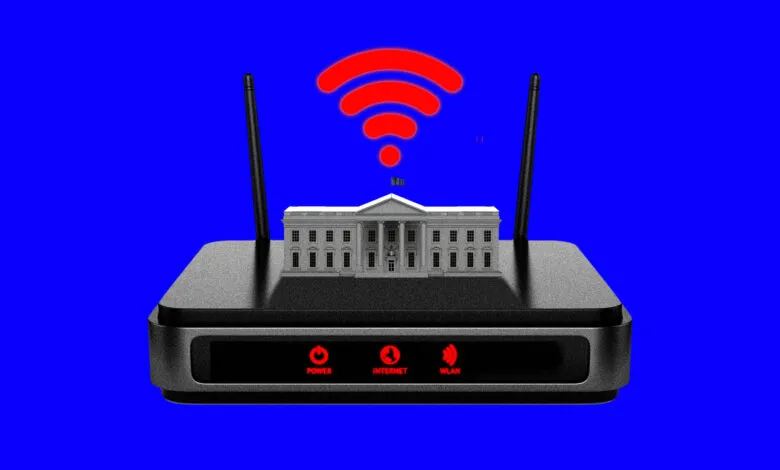 The White House sits atop a router with a red WiFi symbol above it.