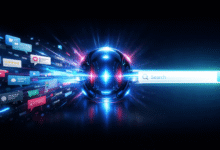 AI search concept with glowing orb, search bar, and social media icons.