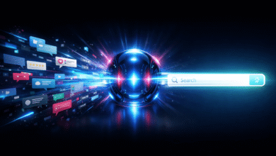 AI search concept with glowing orb, search bar, and social media icons.