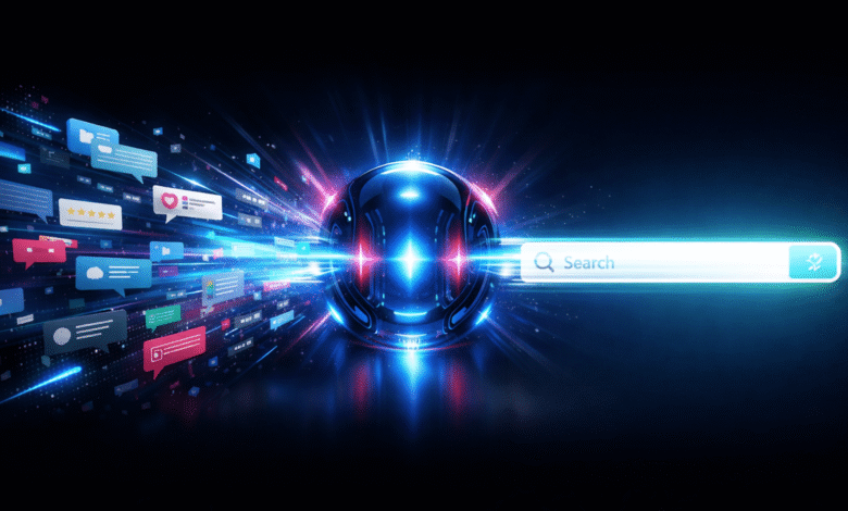 AI search concept with glowing orb, search bar, and social media icons.