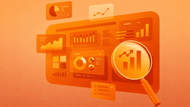 Orange data analytics dashboard with charts and a magnifying glass.