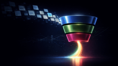 Colorful funnel with documents flowing into it, representing a sales process.