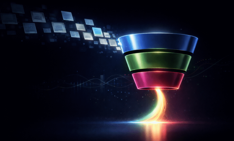 Colorful funnel with documents flowing into it, representing a sales process.