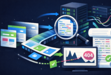 Website data flow with server, magnifying glass, and 404 error on screen.