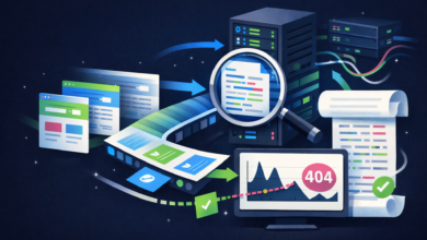 Website data flow with server, magnifying glass, and 404 error on screen.