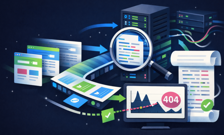 Website data flow with server, magnifying glass, and 404 error on screen.
