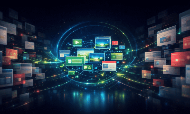 Abstract network of interconnected websites and data streams.