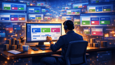 Person analyzes data on multiple screens with headphones on.