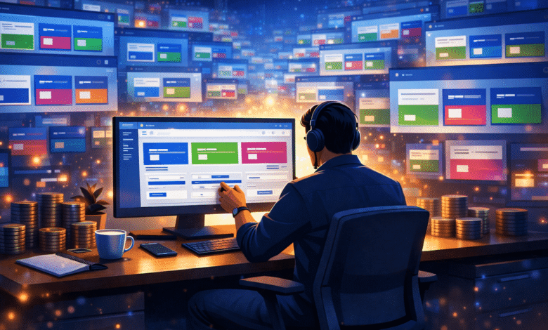 Person analyzes data on multiple screens with headphones on.