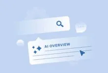 Illustration of search bar and AI Overview box on light blue background.