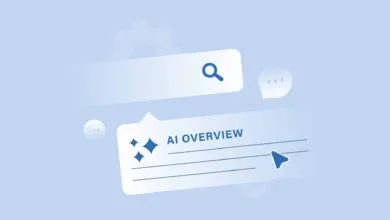 Illustration of search bar and AI Overview box on light blue background.