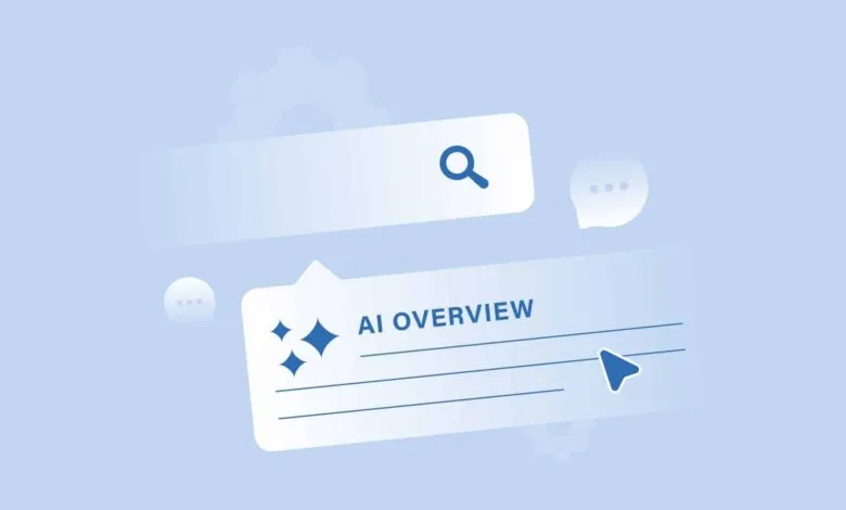 Illustration of search bar and AI Overview box on light blue background.