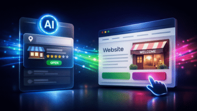 AI-powered local search showing business info and website link.