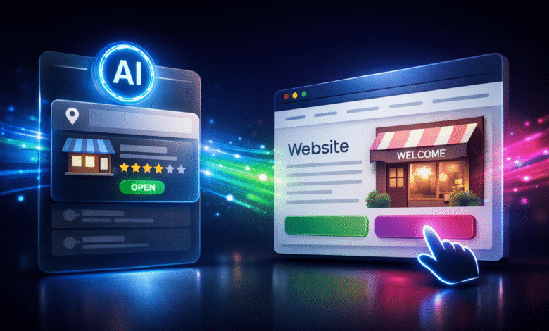 AI-powered local search showing business info and website link.