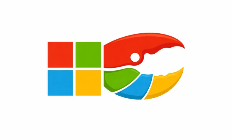 Microsoft logo combined with a claw, colorful and cartoonish.
