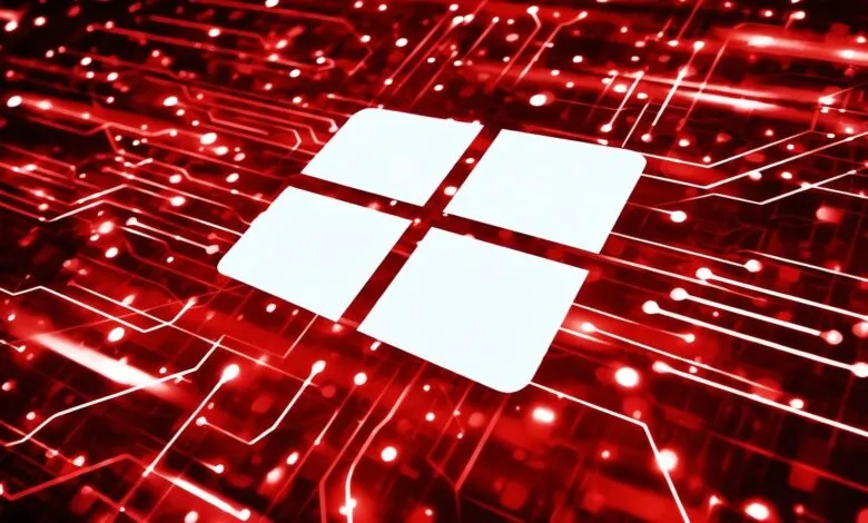 White Windows logo on a red circuit board background.