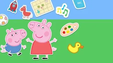 Peppa Pig and George Pig stand on green grass with colorful stickers above.