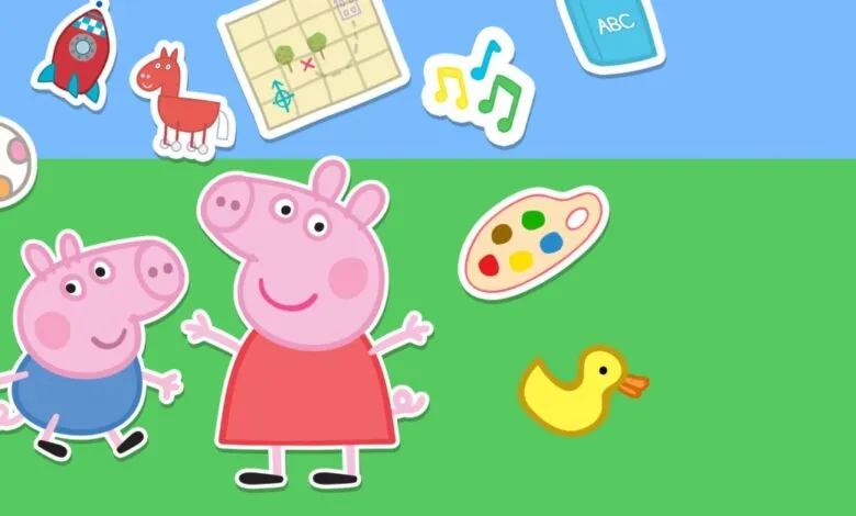 Peppa Pig and George Pig stand on green grass with colorful stickers above.