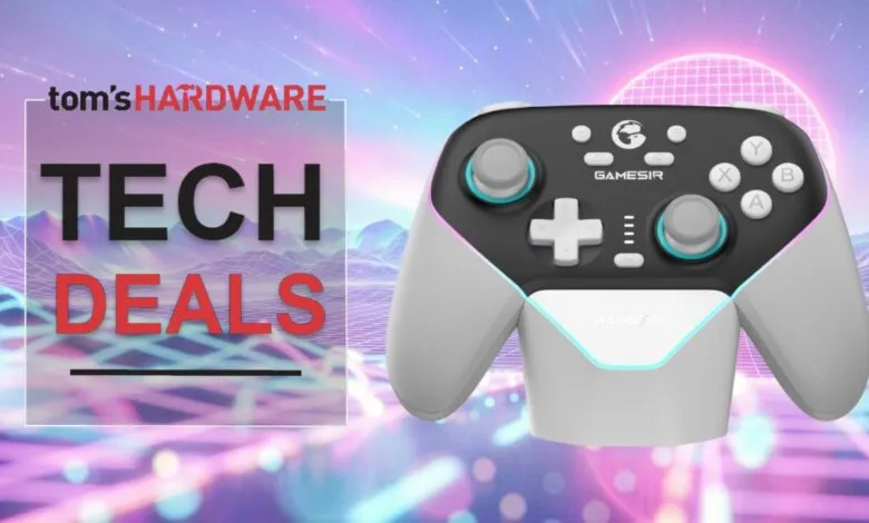 GameSir controller on a retro tech deals background.