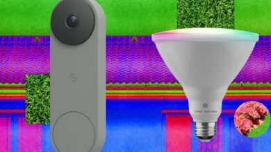 Google Nest Doorbell and GE CYNC smart bulb against colorful background.