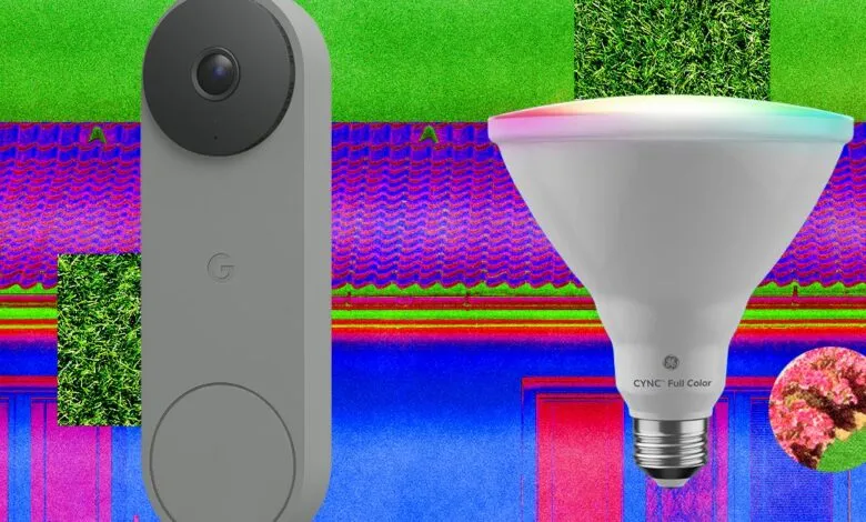 Google Nest Doorbell and GE CYNC smart bulb against colorful background.