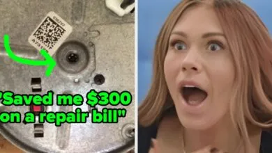 Split screen: appliance part and surprised woman's face.