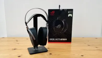 ROG Kithara gaming headset on a Sennheiser stand, box behind.