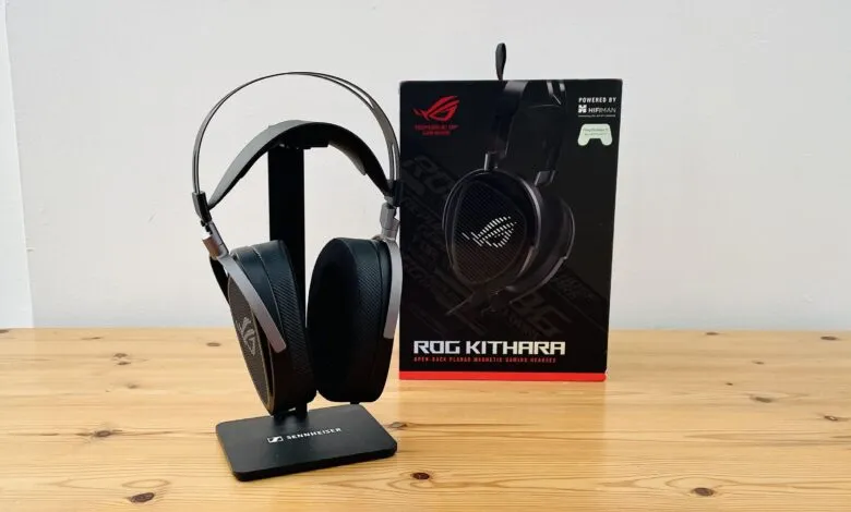 ROG Kithara gaming headset on a Sennheiser stand, box behind.