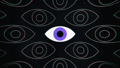 Graphic pattern of outlined eyes, one with a purple iris, on black.