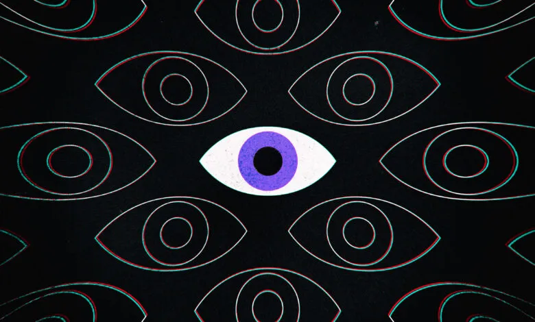 Graphic pattern of outlined eyes, one with a purple iris, on black.