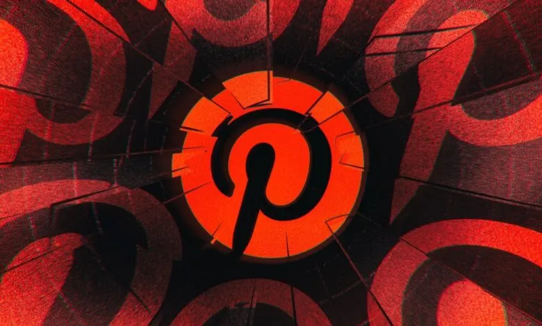 Abstract red Pinterest logo with a textured, fragmented appearance.