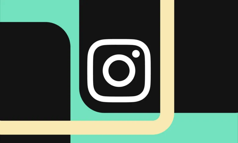 Instagram logo on a black, teal, and tan background.