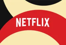 Netflix logo in white on red banner with black and cream background.