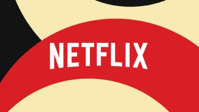 Netflix logo in white on red banner with black and cream background.