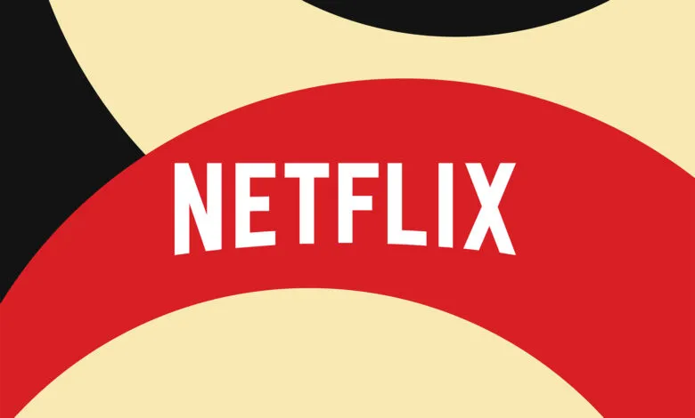 Netflix logo in white on red banner with black and cream background.