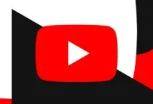 YouTube logo with play button on red background with black and white shapes.