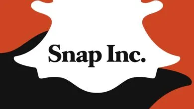 Snap Inc. logo displayed with abstract shapes in orange and black.